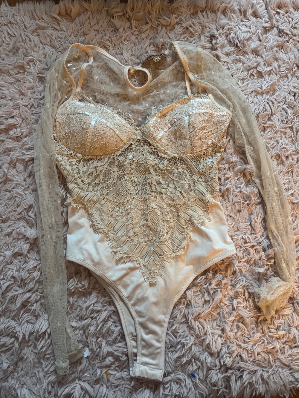 Shop 17  Sheer Lace Bodysuit with Long Mesh Sleeves - Cream New  NO tag